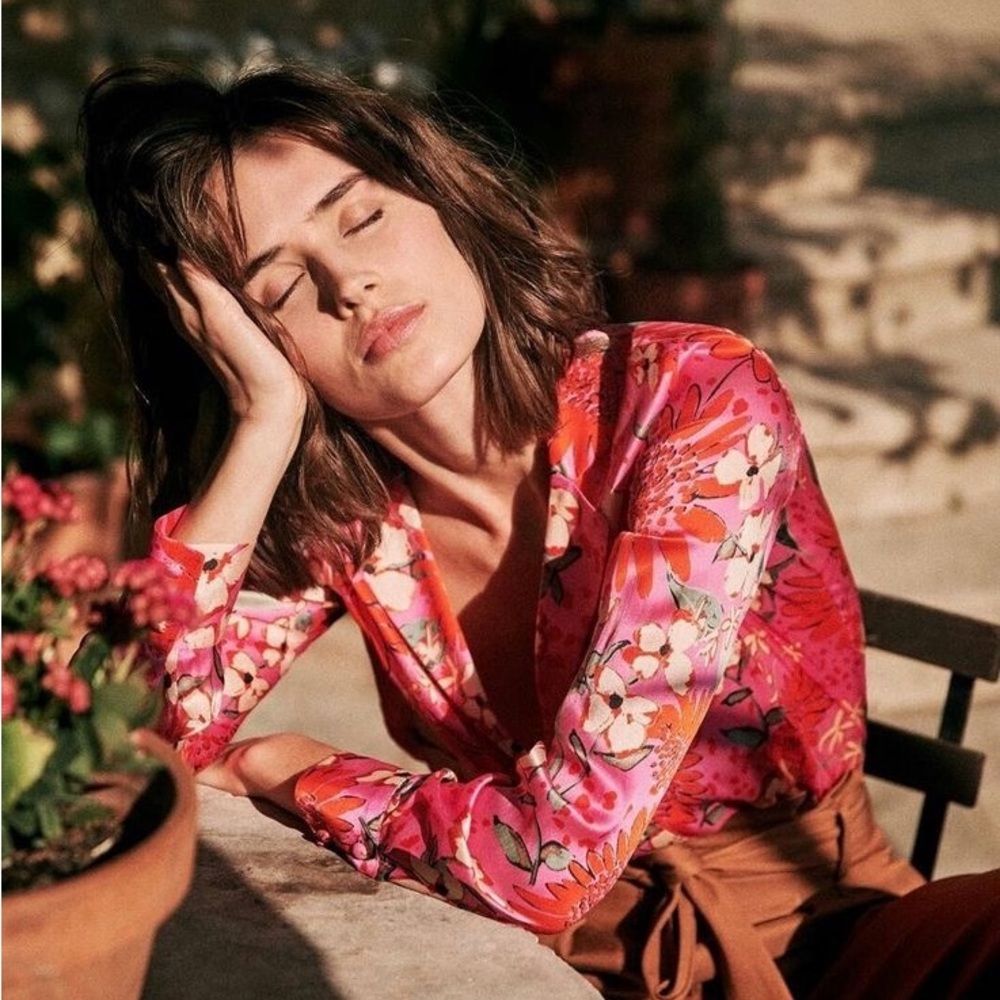 Sezane Pink Floral Satin Wrap Blouse - Picture 2 of 3